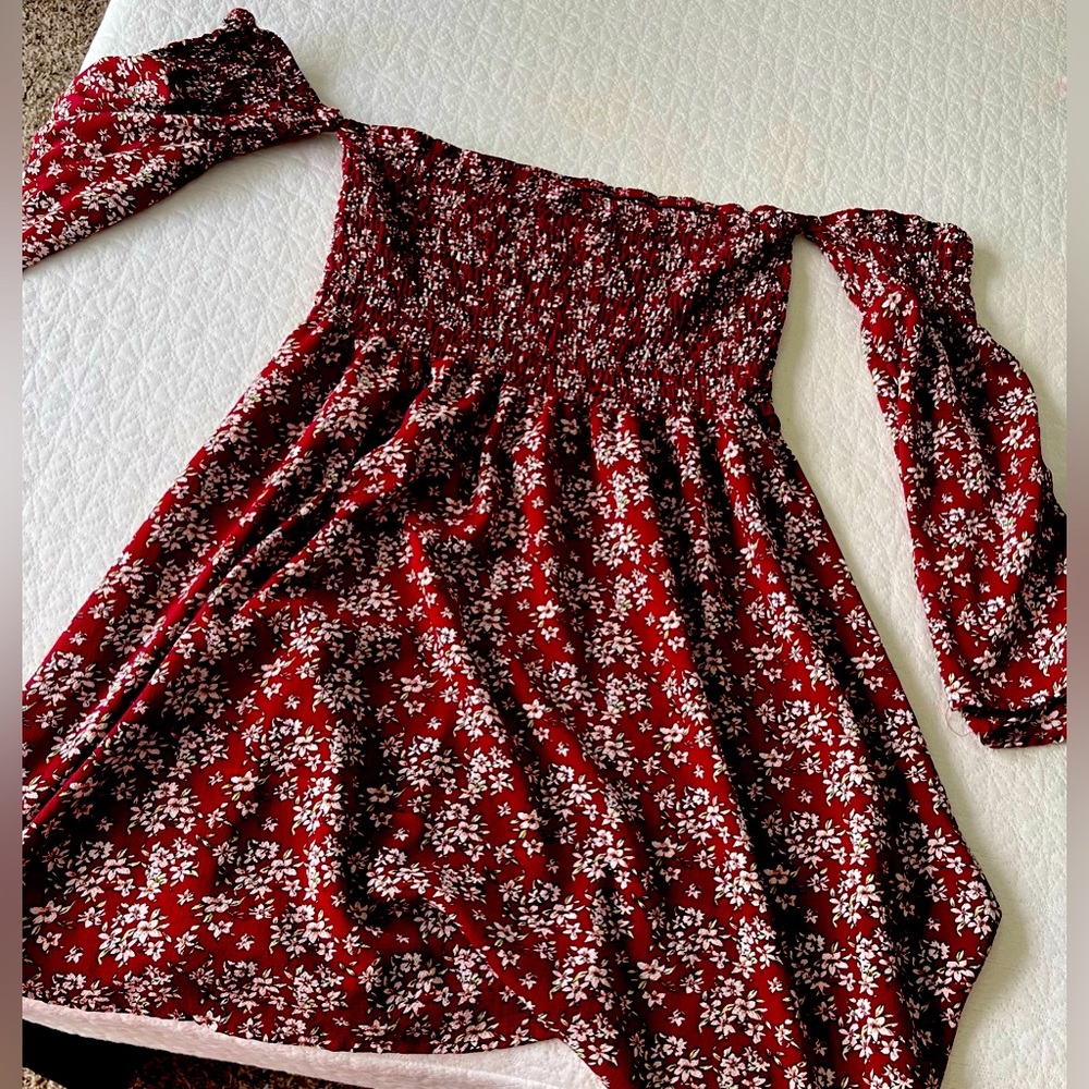 Red floral off the shoulder sleeve dress